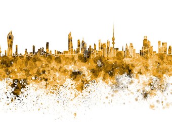 Kuwait City skyline in watercolor on white, 8 monochrome colors, and full color 8x10 in. to 12x16 in. Poster Wall art Print Art - SKU 0768