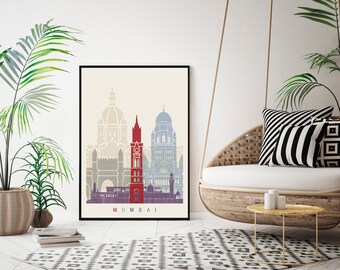 Mumbai skyline poster - Fine Art Print Landmarks skyline Poster Gift Illustration Artistic Colorful Landmarks - SKU 2510