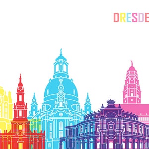 Puede incluir: Una ilustraci&oacute;n colorida del horizonte de Dresde, con monumentos emblem&aacute;ticos como la Frauenkirche, el Palacio Zwinger y la &Oacute;pera Semper.