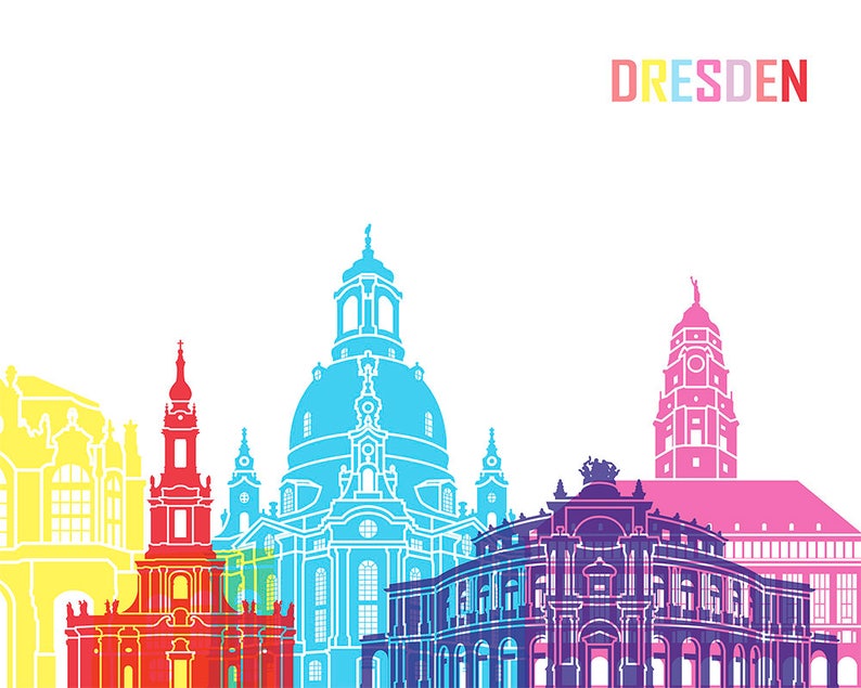Puede incluir: Una ilustraci&oacute;n colorida del horizonte de Dresde, con monumentos emblem&aacute;ticos como la Frauenkirche, el Palacio Zwinger y la &Oacute;pera Semper.