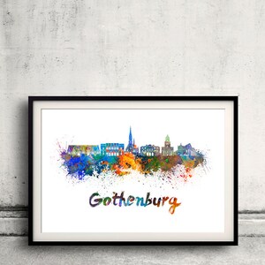 Gothenburg skyline in watercolor over white background with name of city 8x10 in. to 12x16 in. Poster Wall art Illustration Print - SKU 0986