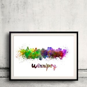 Winnipeg skyline in watercolor over white background with name of city 8x10 in. to 12x16 in. Poster art Illustration Print  - SKU 0552