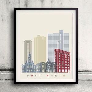 Fort Worth skyline poster - Fine Art Print Landmarks skyline Poster Gift Illustration Artistic Colorful Landmarks - SKU 2099