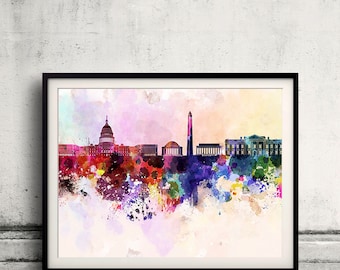 Washington DC skyline in watercolor background 8x10 in. to 12x16 in. Poster Digital Wall art Illustration Print Art Decorative  - SKU 0008