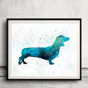 May include: A watercolor painting of a dachshund silhouette in shades of blue and green on a white background.