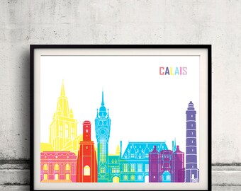 Calais skyline pop - Fine Art Print Glicee Poster Gift Illustration Pop Art Colorful Landmarks - SKU 2401
