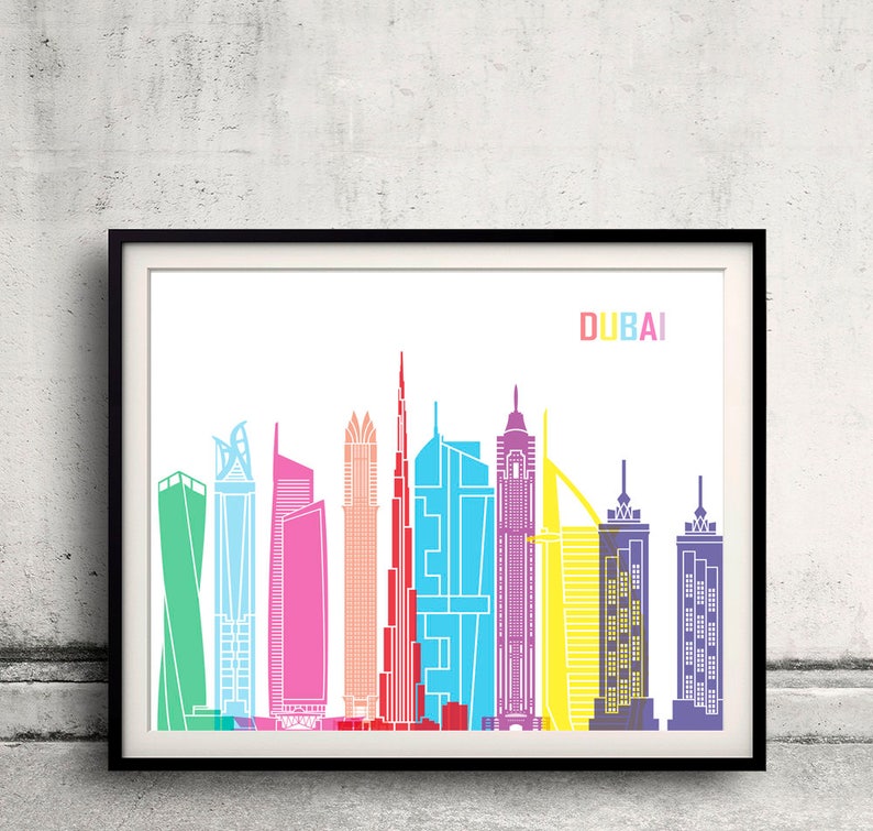 Dubai Skyline Pop Fine Art Print Glicee Poster Geschenk Illustration Pop Art Bunte Sehenswürdigkeiten SKU 2453 Bild 1