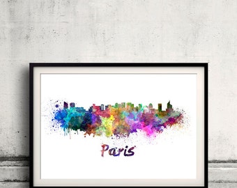 Paris skyline in watercolor over white background with name of city - Poster Wall art Illustration Print - SKU 1516