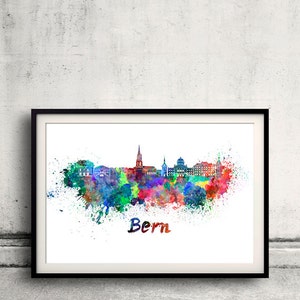 Bern skyline in watercolor over white background with name of city 8x10 in. to 12x16 in. Poster Wall art Illustration Print  - SKU 0271