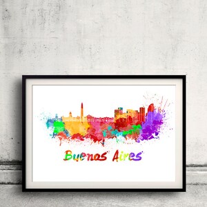 Buenos Aires skyline in watercolor over white background with name of city 8x10 in. to 12x16 in. Poster art Illustration Print  - SKU 0328