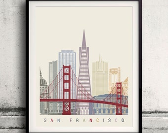 San Francisco skyline poster - Fine Art Print Landmarks skyline Poster Gift Illustration Artistic Colorful Landmarks - SKU 2102