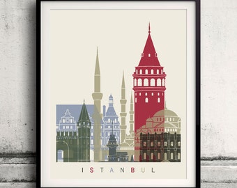 Istanbul skyline poster - Fine Art Print Landmarks skyline Poster Gift Illustration Artistic Colorful Landmarks - SKU 1477