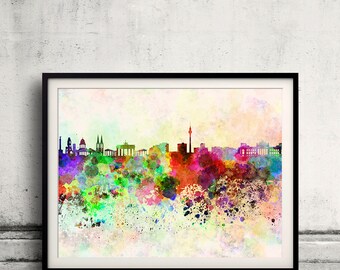 May include: A watercolor painting of the Berlin skyline with colorful splashes of paint. The painting features iconic landmarks like the Brandenburg Gate and the Berlin TV Tower.