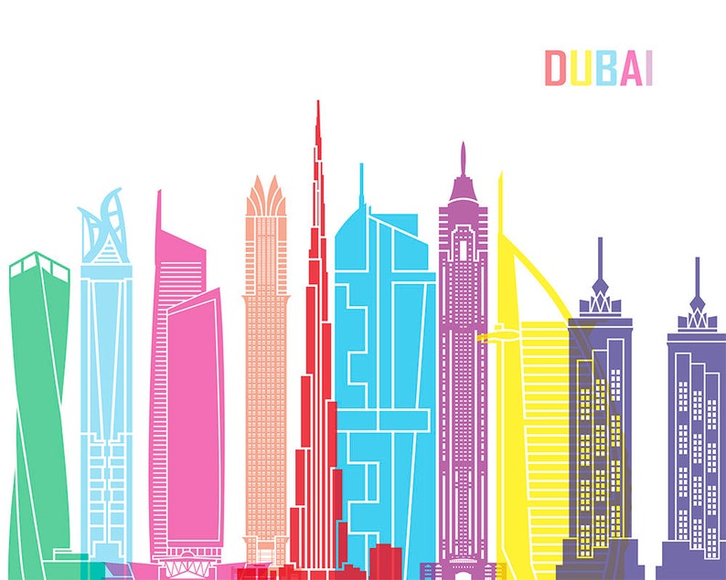 Dubai Skyline Pop Fine Art Print Glicee Poster Geschenk Illustration Pop Art Bunte Sehenswürdigkeiten SKU 2453 Bild 3