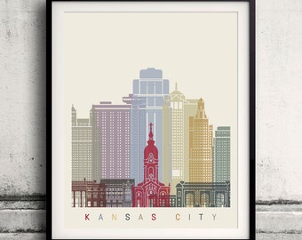 Kansas City skyline poster - Fine Art Print Landmarks skyline Poster Gift Illustration Artistic Colorful Landmarks - SKU 2221