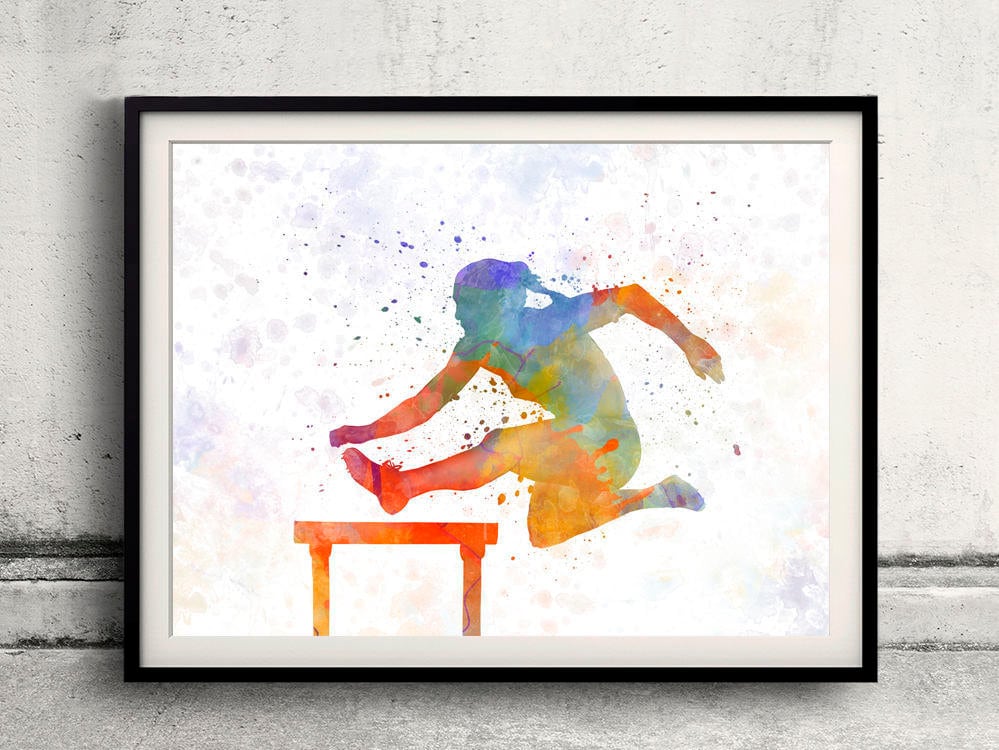 Female Athlete Jumping Over A Hurdles 01 in Watercolor - Poster