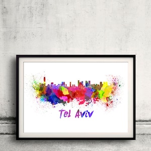 Tel Aviv skyline in watercolor over white background with name of city 8x10 in. to 12x16 in. Poster Wall art Illustration Print  - SKU 0339