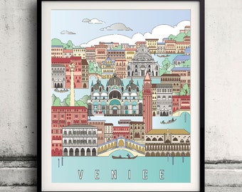May include: A colorful illustration of the city of Venice, Italy. The illustration features iconic landmarks like the Doge's Palace, St. Mark's Basilica, and the Rialto Bridge. The text "VENICE" is printed in a bold font at the bottom of the illustration.