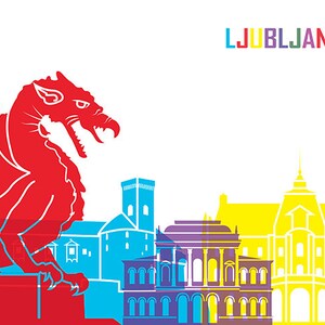 Op de afbeelding: Een kleurrijke illustratie van de skyline van Ljubljana, met een rode draak, een blauwe kerk, een paars gebouw met bogen en een geel gebouw met een toren. De tekst "LJUBLJANA" staat bovenaan de afbeelding in regenboogkleuren.
