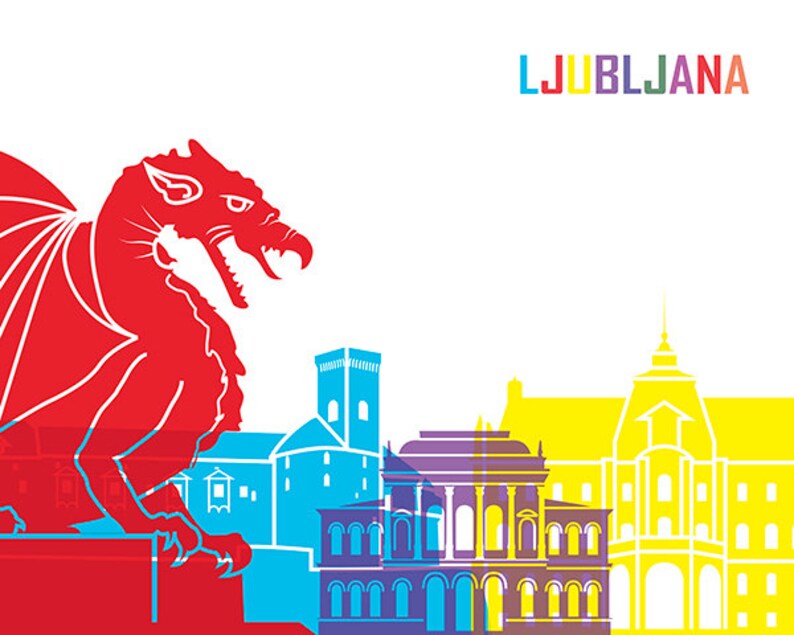 Op de afbeelding: Een kleurrijke illustratie van de skyline van Ljubljana, met een rode draak, een blauwe kerk, een paars gebouw met bogen en een geel gebouw met een toren. De tekst "LJUBLJANA" staat bovenaan de afbeelding in regenboogkleuren.