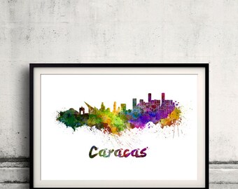 Caracas skyline in watercolor over white background with name of city - Poster Wall art Illustration Print - SKU 1464