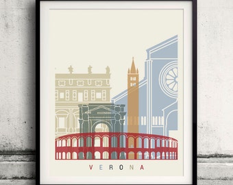 Verona skyline poster - Fine Art Print Landmarks skyline Poster Gift Illustration Artistic Colorful Landmarks - SKU 2338