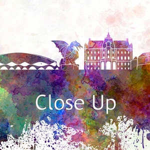 May include: A watercolor painting of the Cardiff skyline, featuring the Millennium Centre, the Welsh National Opera House, and the iconic dragon statue. The painting is in shades of blue, green, purple, and pink, with a white background. The text "Close Up" is written in white at the bottom of the painting.