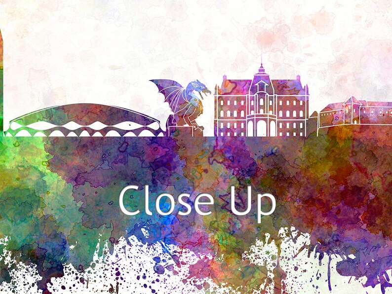 May include: A watercolor painting of the Cardiff skyline, featuring the Millennium Centre, the Welsh National Opera House, and the iconic dragon statue. The painting is in shades of blue, green, purple, and pink, with a white background. The text "Close Up" is written in white at the bottom of the painting.
