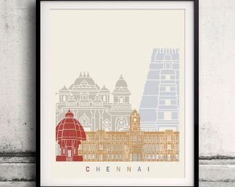 Chennai skyline poster - Fine Art Print Landmarks skyline Poster Gift Illustration Artistic Colorful Landmarks - SKU 2408