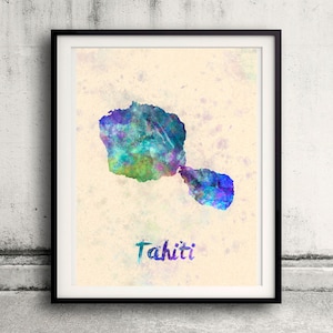 Tahiti - Map in watercolor - Fine Art Print Glicee Poster Decor Home Gift Illustration Wall Art Countries Colorful - SKU 2619