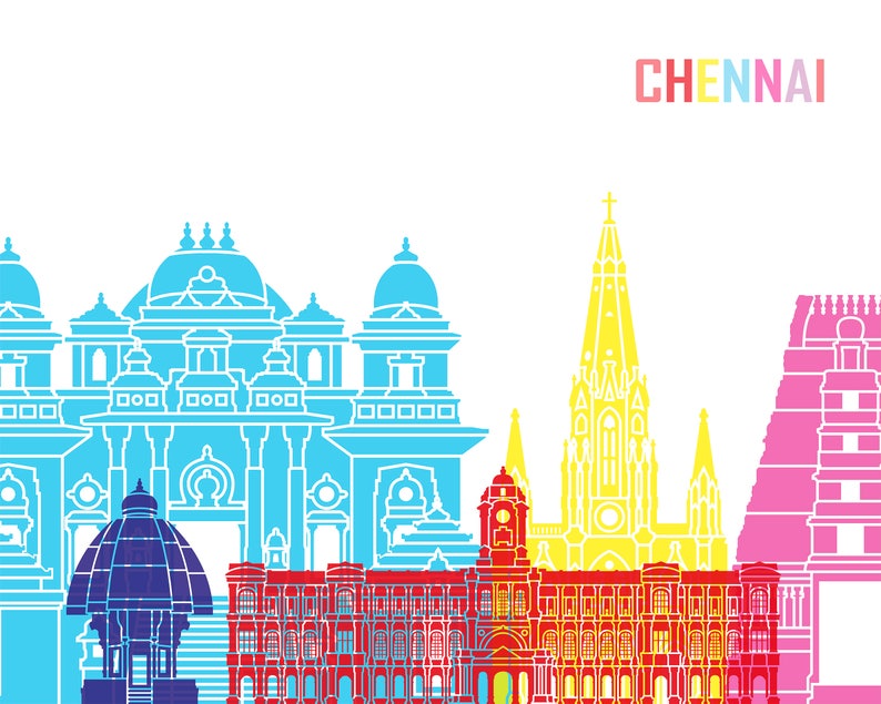 Chennai skyline pop Fine Art Print Glicee Poster Gift Illustration Pop Art Colorful Landmarks SKU 2409 image 3