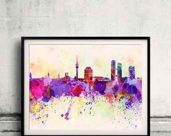 May include: A watercolor painting of a city skyline with a tall tower in the center. The painting is done in shades of pink, purple, yellow, and green.