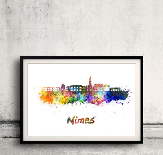 Nimes horizonte en acuarela sobre fondo blanco con el nombre de la ciudad - Cartel de la pared arte ilustración impresión - SKU 1884