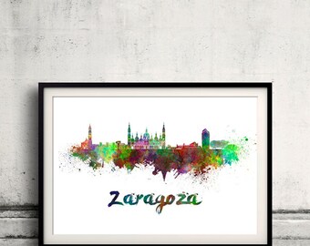 Zaragoza skyline in watercolor over white background with name of city - Poster Wall art Illustration Print - SKU 1527
