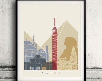 Cairo skyline poster - Fine Art Print Landmarks skyline Poster Gift Illustration Artistic Colorful Landmarks - SKU 2171