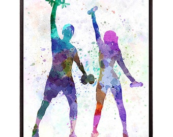 Woman exercising fitness workout with man coach in silhouette 8x10 in. to 12x16 in. Poster Digital art Illustration Print Art - SKU 0624
