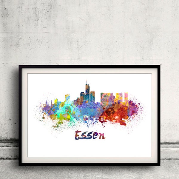 Essen skyline in watercolor over white background with name of city 8x10 in. to 12x16 in. Poster Wall art Illustration Print  - SKU 0377