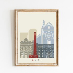 May include: A minimalist illustration of the Bari skyline, featuring a red lighthouse, a gray building with a clock tower, and a blue church with a large round window. The text "BARI" is printed below the illustration.