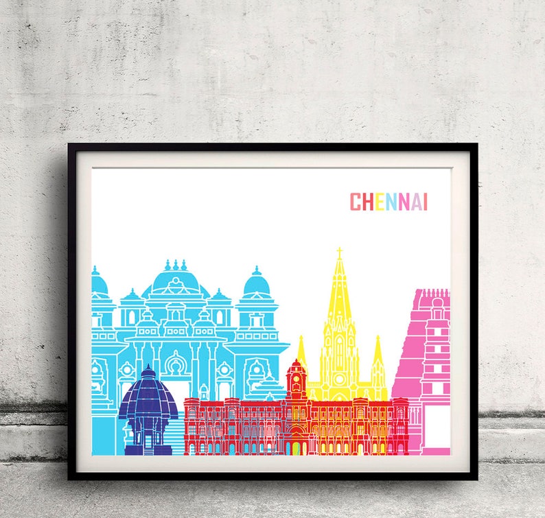 Chennai skyline pop Fine Art Print Glicee Poster Gift Illustration Pop Art Colorful Landmarks SKU 2409 image 1