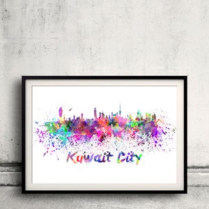 May include: A watercolour painting of the Kuwait City skyline in a black frame. The painting features a colourful splatter effect and the text "Kuwait City" at the bottom.