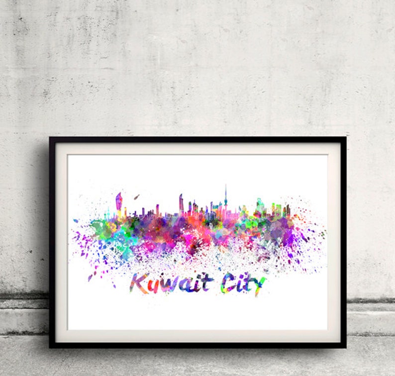 May include: A watercolour painting of the Kuwait City skyline in a black frame. The painting features a colourful splatter effect and the text "Kuwait City" at the bottom.