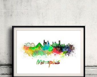 Memphis skyline in watercolor over white background with name of city 8x10 in. to 12x16 in. Poster Wall art Illustration Print  - SKU 0221