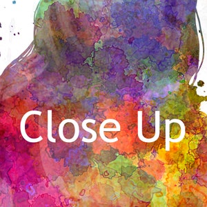 May include: Abstract watercolor painting with a close-up view of a colorful, swirling pattern in shades of purple, pink, orange, yellow, and green.