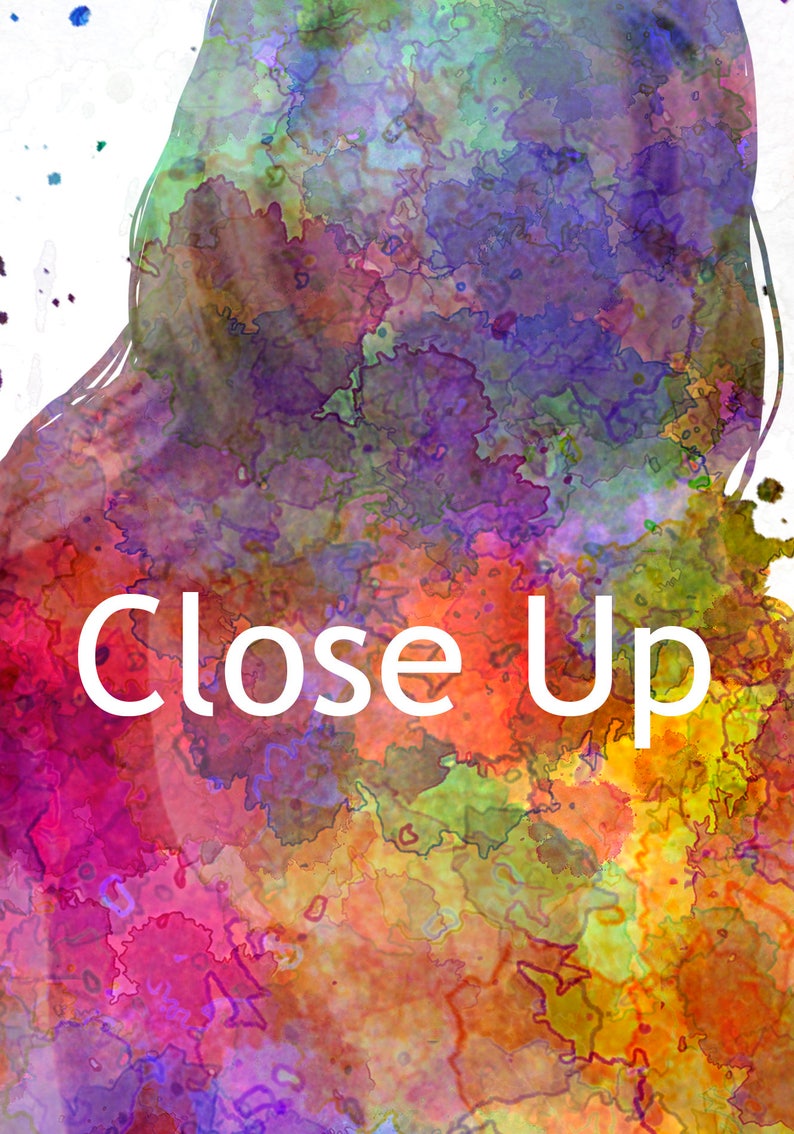 May include: Abstract watercolor painting with a close-up view of a colorful, swirling pattern in shades of purple, pink, orange, yellow, and green.