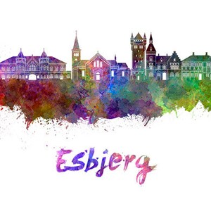 May include: Watercolour painting of the Esbjerg skyline, featuring a variety of buildings in a colourful, abstract style.