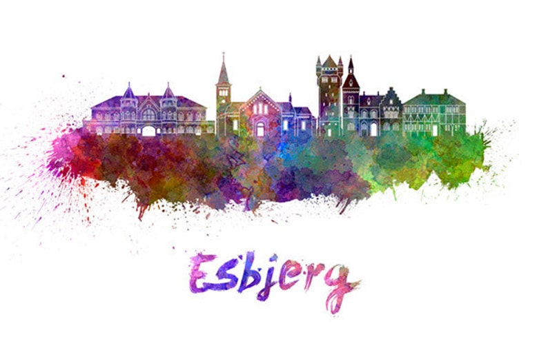 May include: Watercolour painting of the Esbjerg skyline, featuring a variety of buildings in a colourful, abstract style.