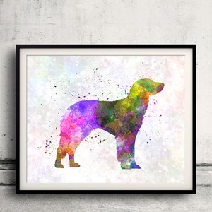 May include: A watercolor painting of a dog, with a colorful, abstract design. The dog is standing on a white background with splashes of color.