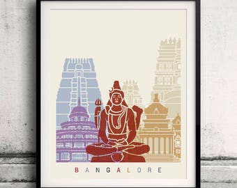 Bangalore skyline poster - Fine Art Print Landmarks skyline Poster Gift Illustration Artistic Colorful Landmarks - SKU 2392