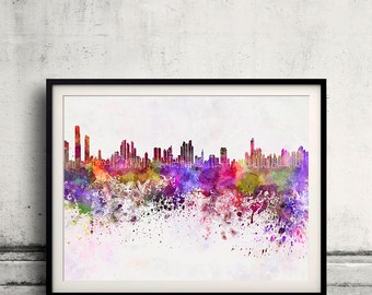 Horizonte de la ciudad de Panamá en fondo de acuarela 8x10 in a 12x16 Póster Arte de pared digital Ilustración Arte de impresión Decorativo - SKU 0097