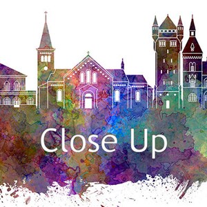 May include: Watercolour painting of a city skyline with buildings in white outline against a colourful background. The text "Close Up" is written in white at the bottom of the image.